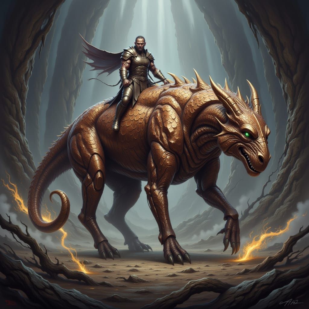 Epic Fantasy Creature with Bronze Scales in Dramatic Light