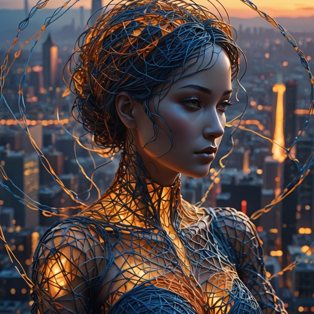 Ethereal String Weaving in Moody Cityscape