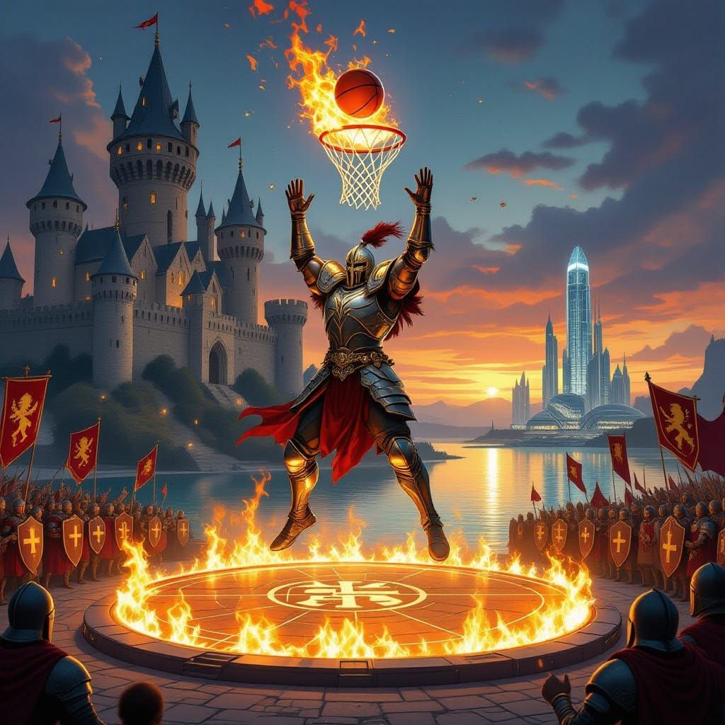 Mythic Warrior Dunking Over Flaming Rim in Fantasy Realm