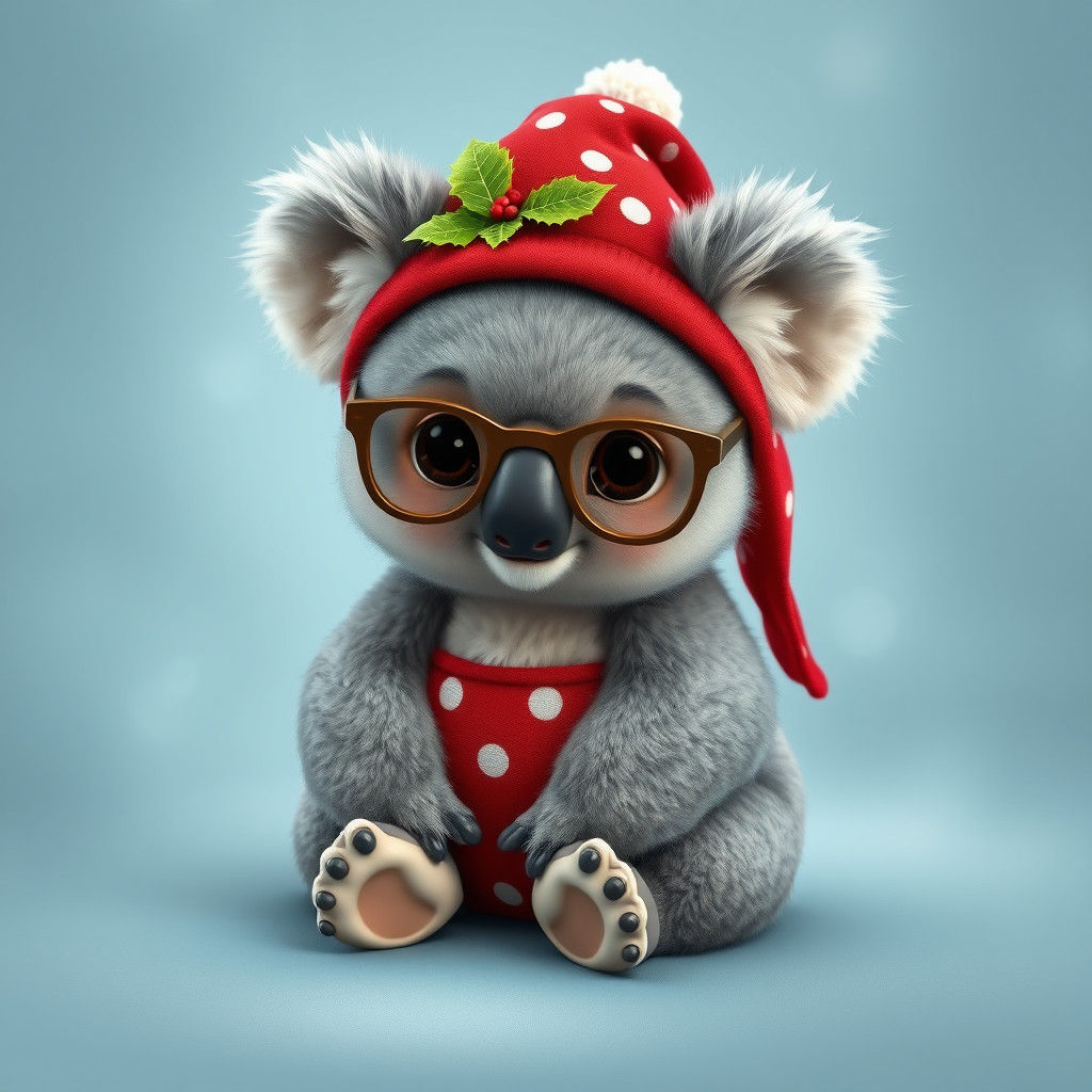 Whimsical Baby Koala in Red and Holly Detail
