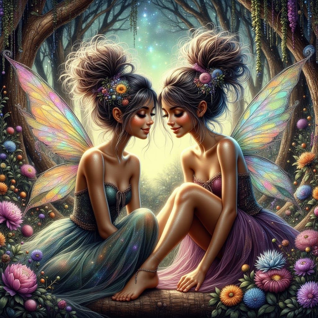 Whimsical Fairies Pillow Fight in Bioluminescent Forest