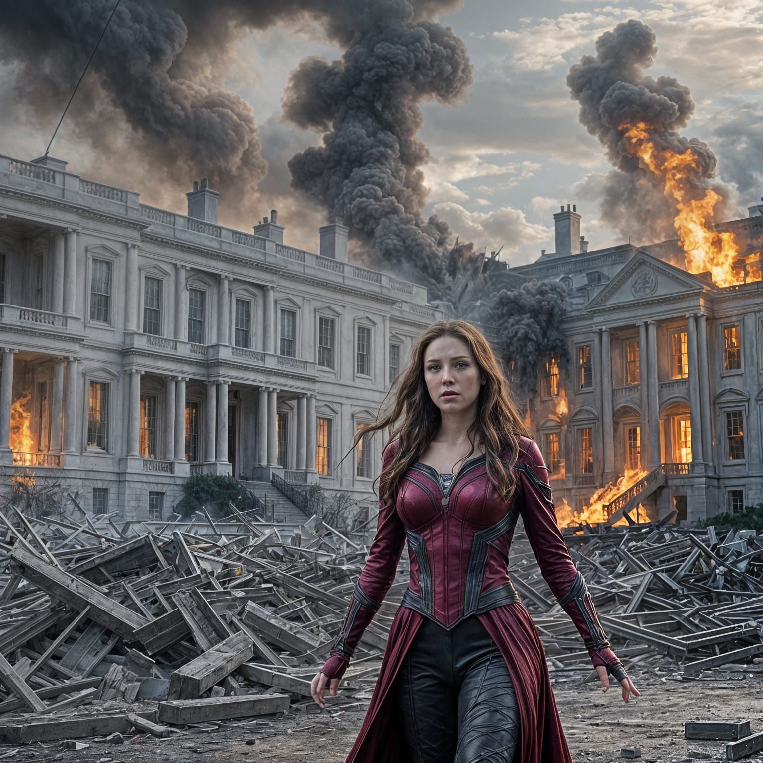 Hyperrealistic Dystopian Scene with Scarlet Witch