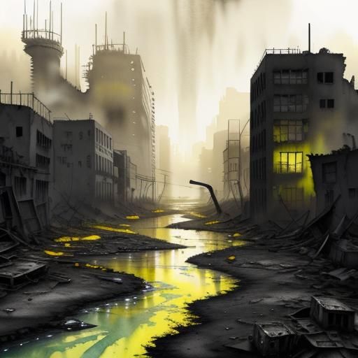 Bleak Post Apocalypse Wasteland in Watercolor Style
