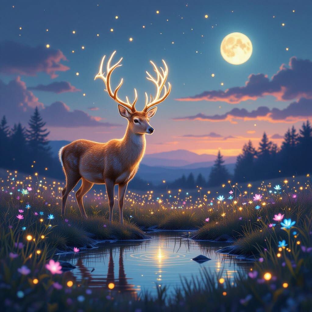 Bioluminescent Deer in Surreal Twilight Meadow