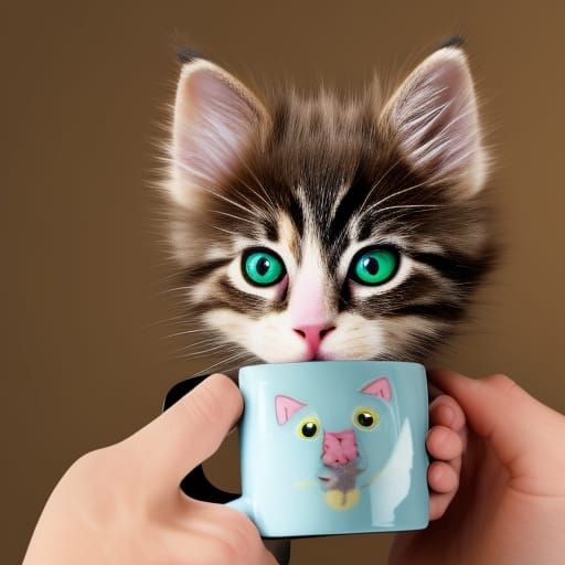 Whimsical Kitten in a Mug: Lavish Fantasy Art