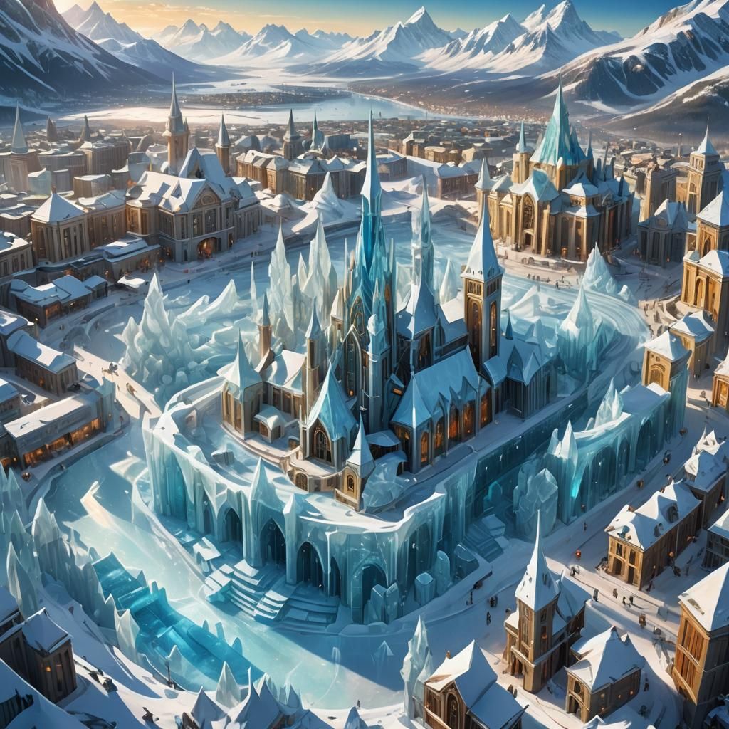 Ethereal Frostveil Metropolis Shines in Icy Blue and Golden....