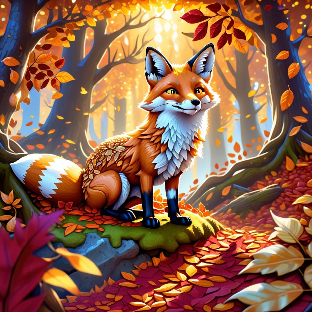 Enchanting Fox in Autumn Leaves Fantasy Concept Art