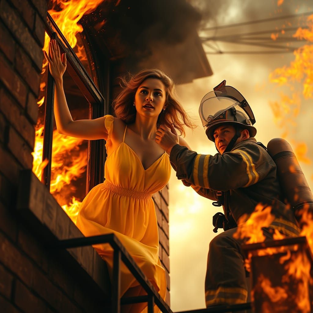 Dramatic Fire Rescue in Hyper-Realistic Style