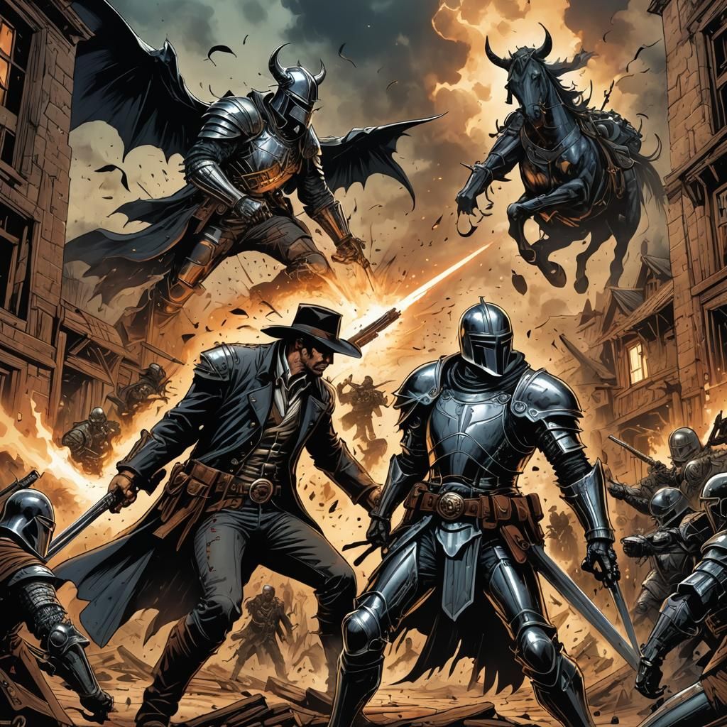 Epic Clash of Gunslinger and Knight in Comic Book Style