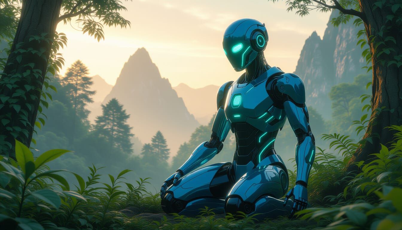 Cyberpunk Robot Kneels in Primeval Forest at Dawn