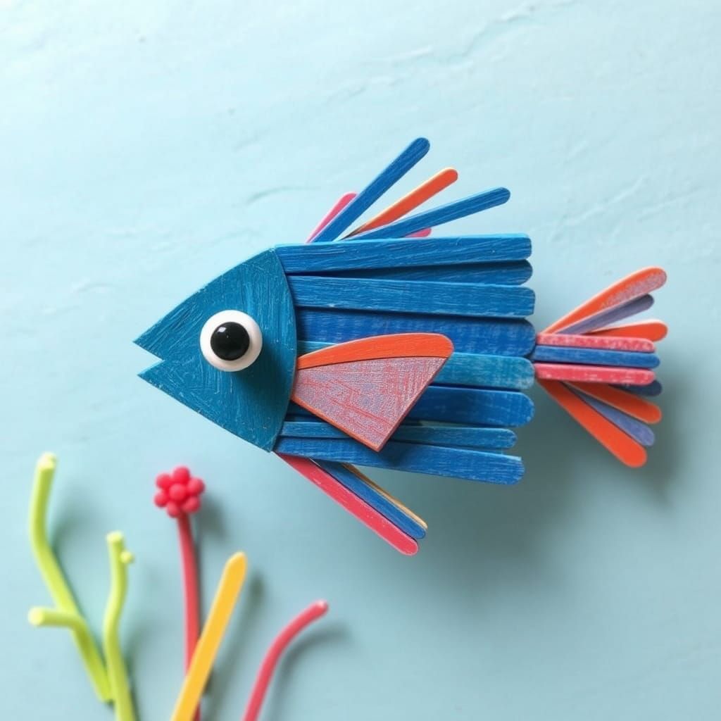 Whimsical Popsicle Stick Fish Sculpture