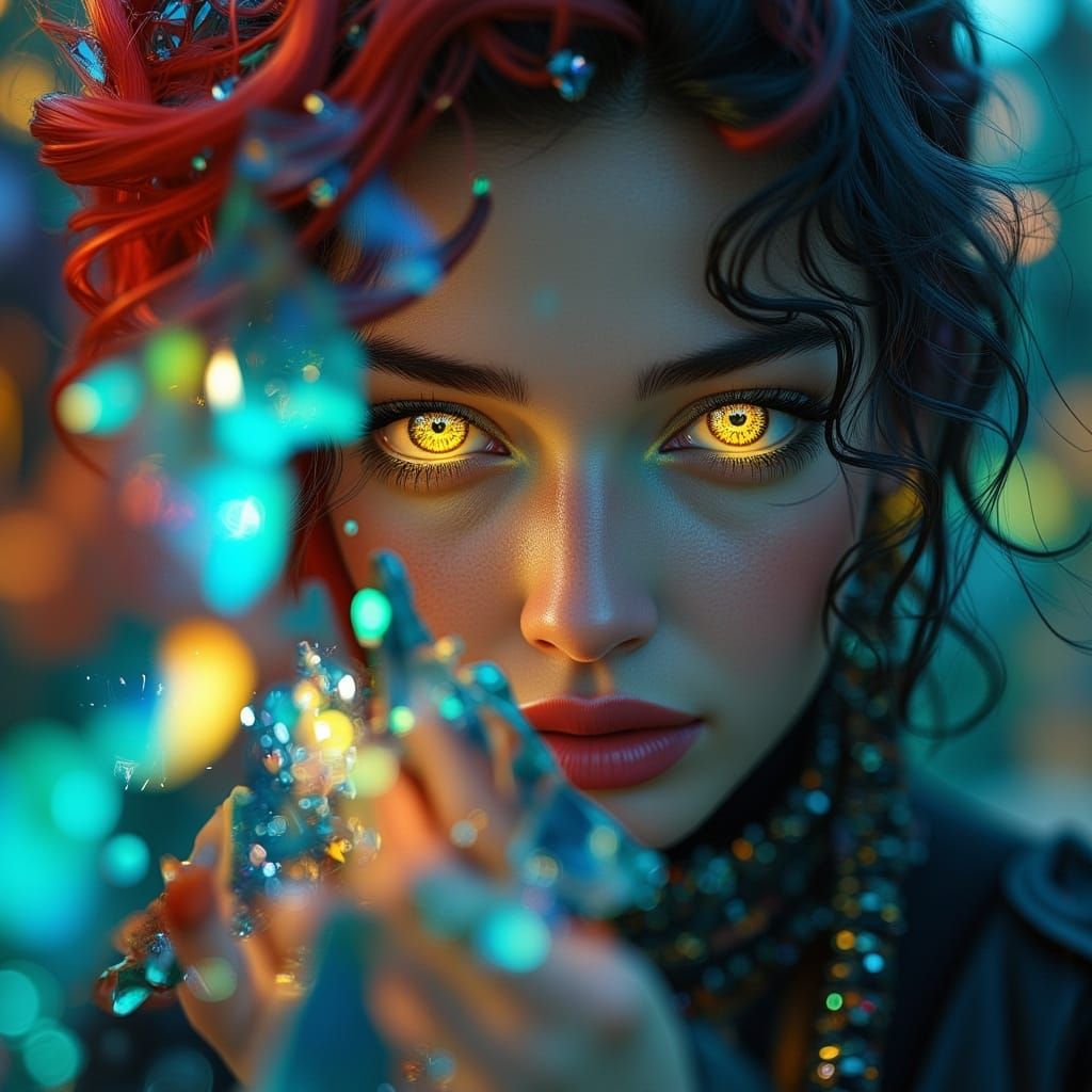 Eyes like twin suns caught in a prism—she’s not looking at you, she’s reading your secrets through the light. A close-up...