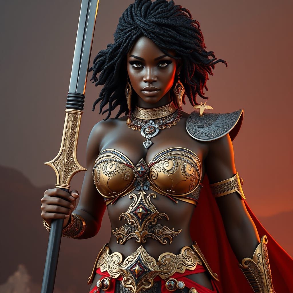 Ebony Warrior Goddess in Ornate Bikini Armor, Afrofuturism M...