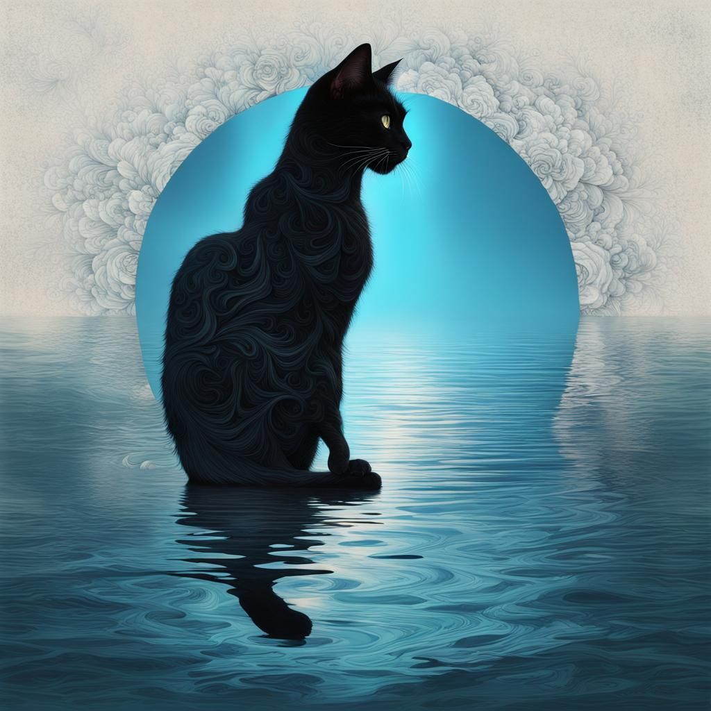 Cat Silhouette Captured in Double Exposure Blue Sea Art