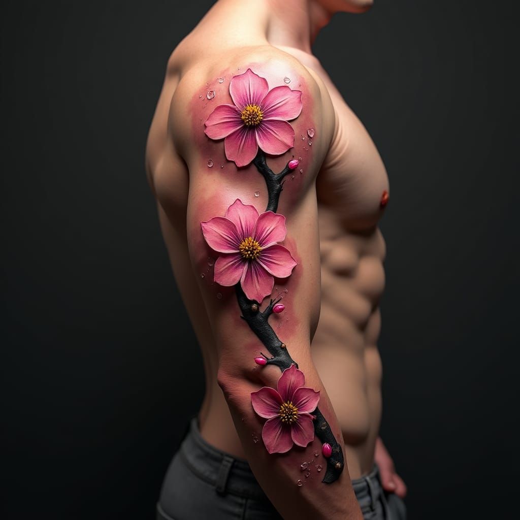 Vibrant Cherry Blossom Tattoo on a Strong, Toned Arm in Deep...