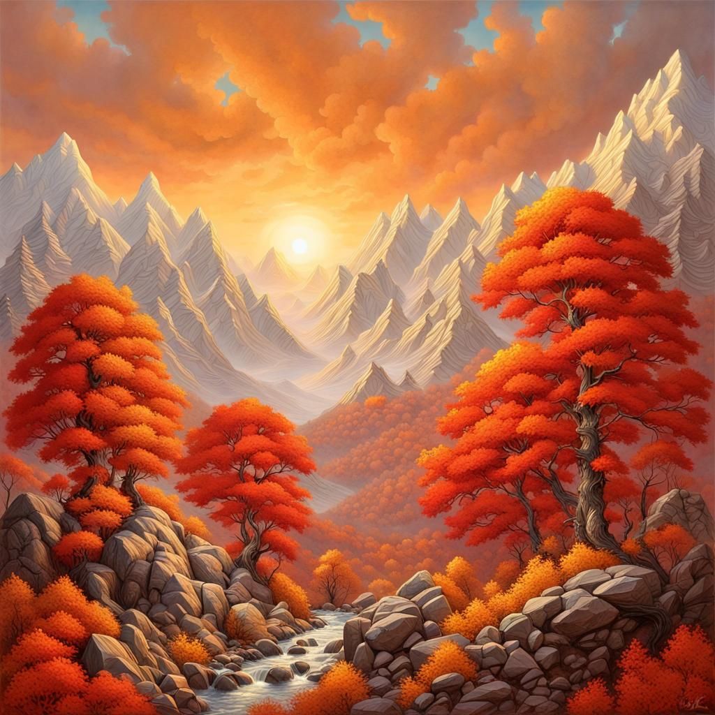 Embossed 3D Rocky Mountain Autumn Landscape