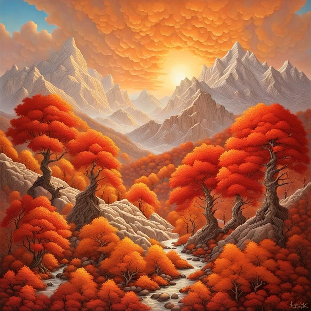 Rocky Mountain Autumn Landscape in 3D Embossed Style