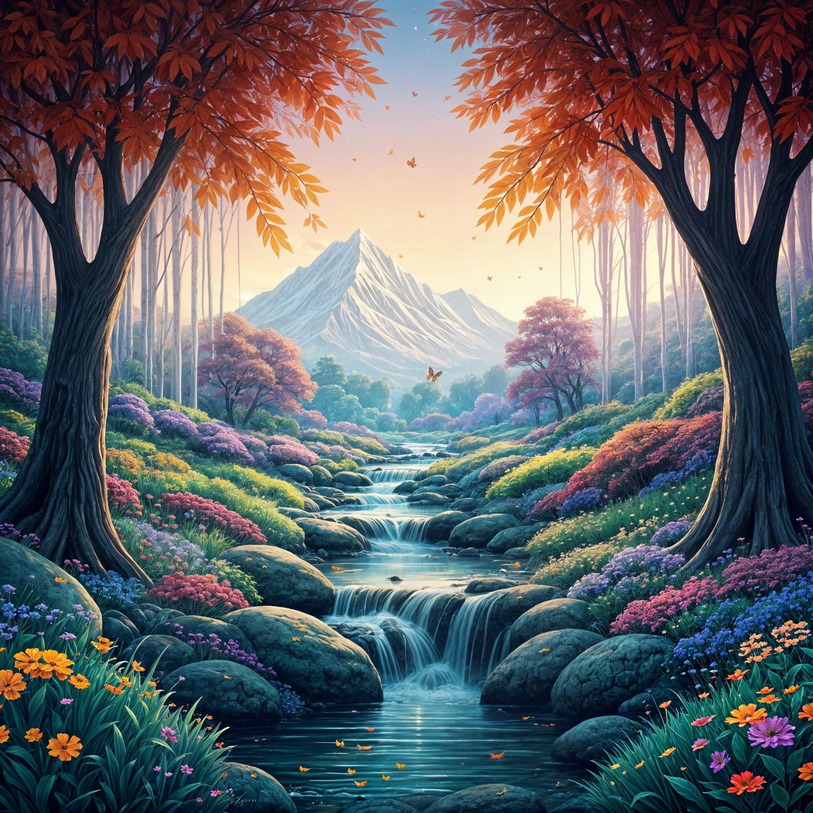 Ethereal Autumn Landscape with Stream and Mountains