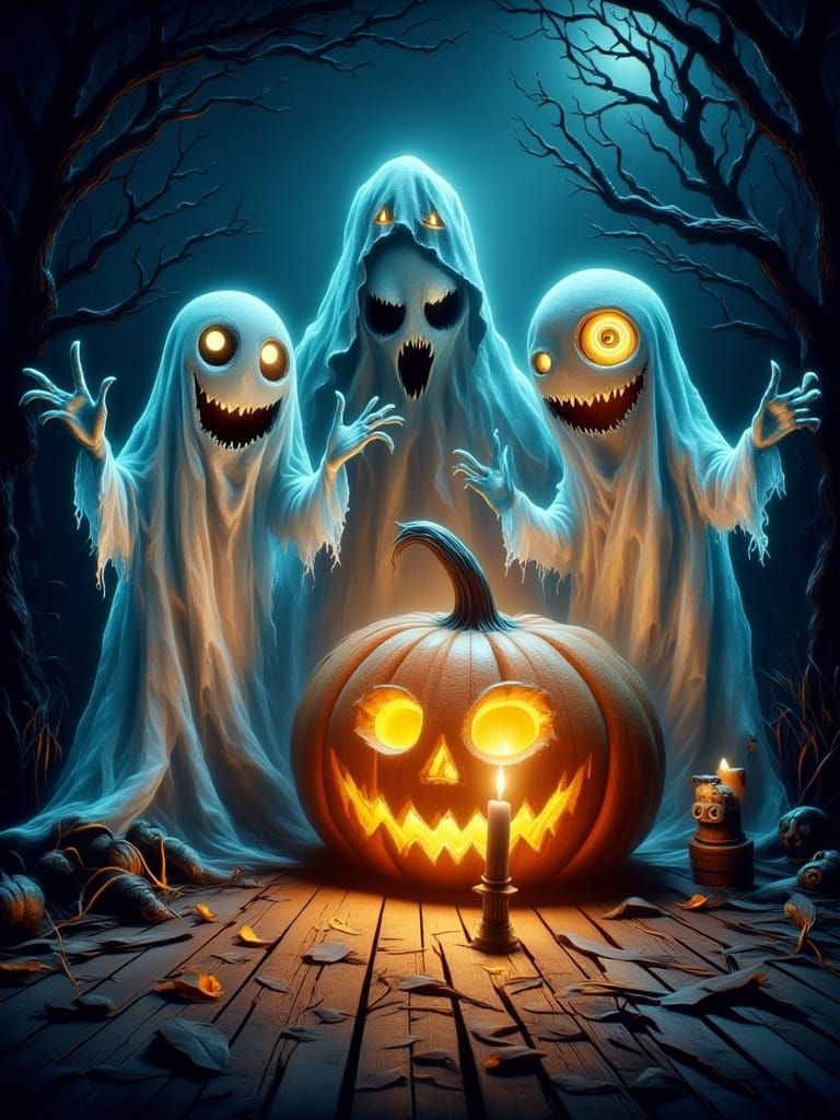 Ghosts Scare Jack-o'-Lantern in Eerie Digital Art