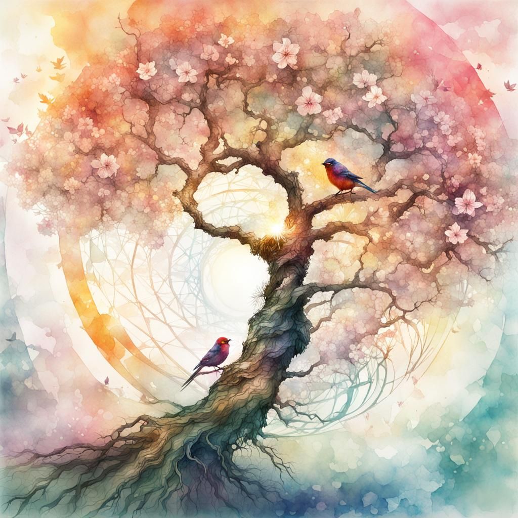 Spiraling Double exposure blossom bird tree Digital watercolor Illustration, by Waterhouse, Carne Griffiths, Minjae Lee,...