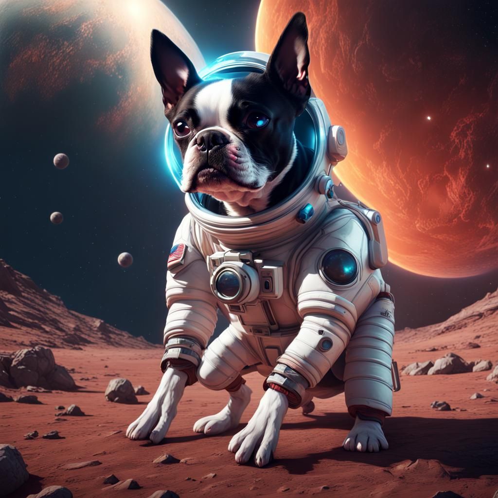 Boston Terrier Space Explorer in Vibrant Cosmic Landscape