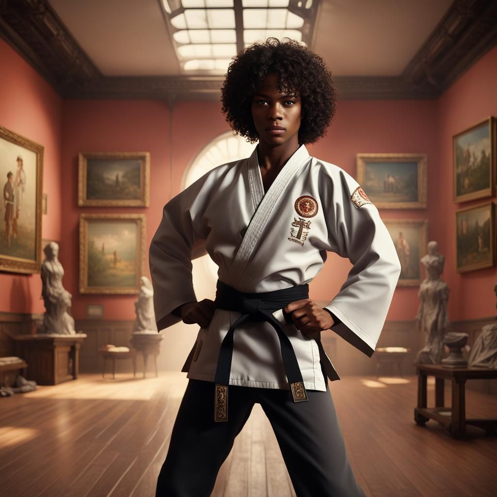 Black Karate Students in Art Gallery, 1970s Style