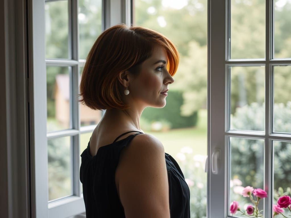 Woman with Red Hair in Garden Window