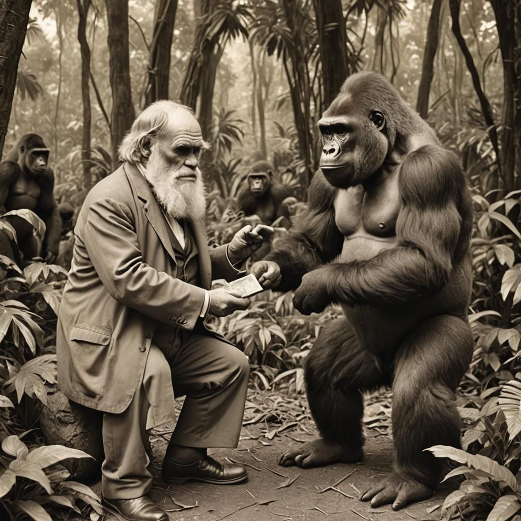 Charles Darwin in a Sepia Jungle Scene with a Gorilla