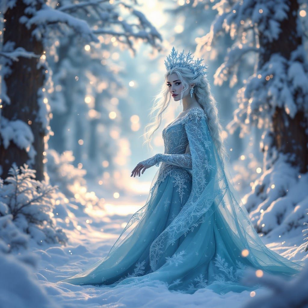 Majestic Snow Maiden in Icy, Crystal Landscape