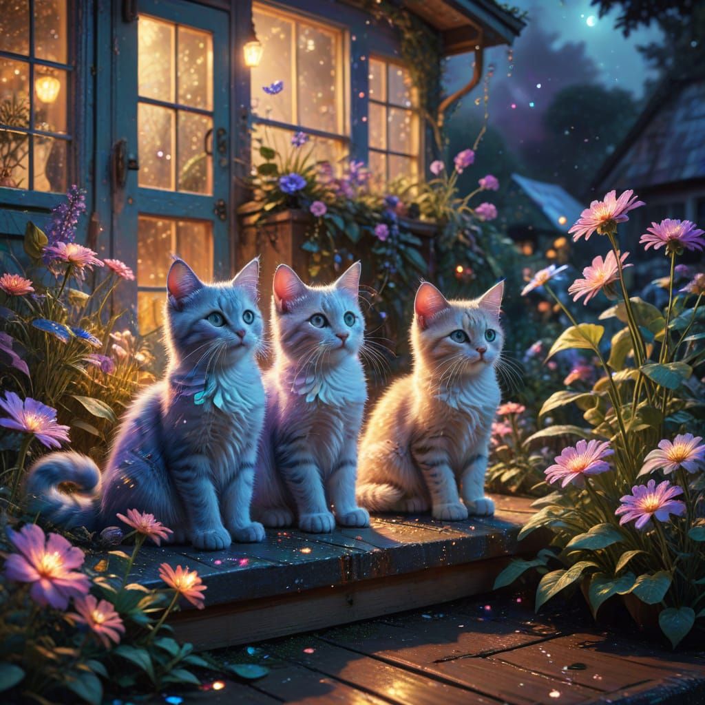 Whimsical Kittens Explore Enchanted Garden Cottage