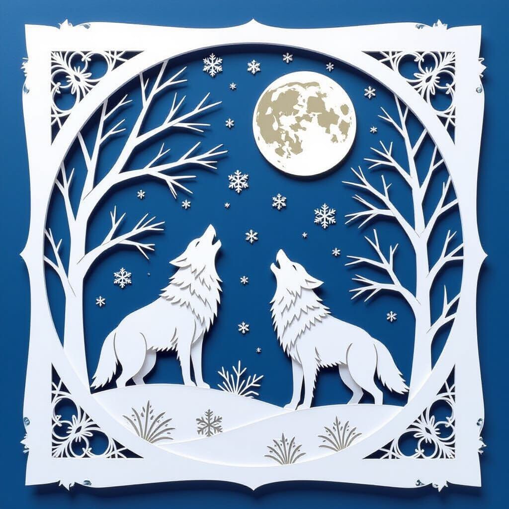 Intricate Scherenschnitte Paper Cutting: Wolves Howling Unde...