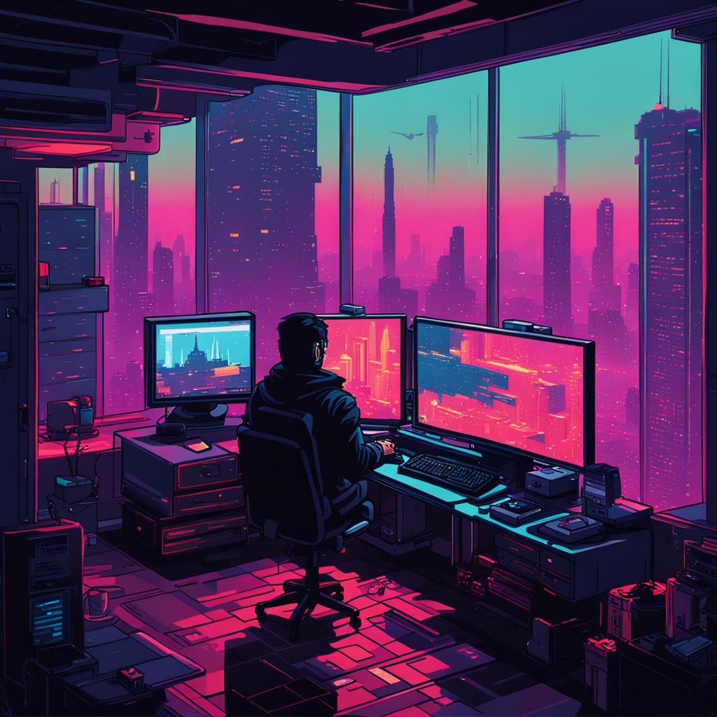 Neon Dreams in a Modern Condo - Cyberpunk Pixel Art