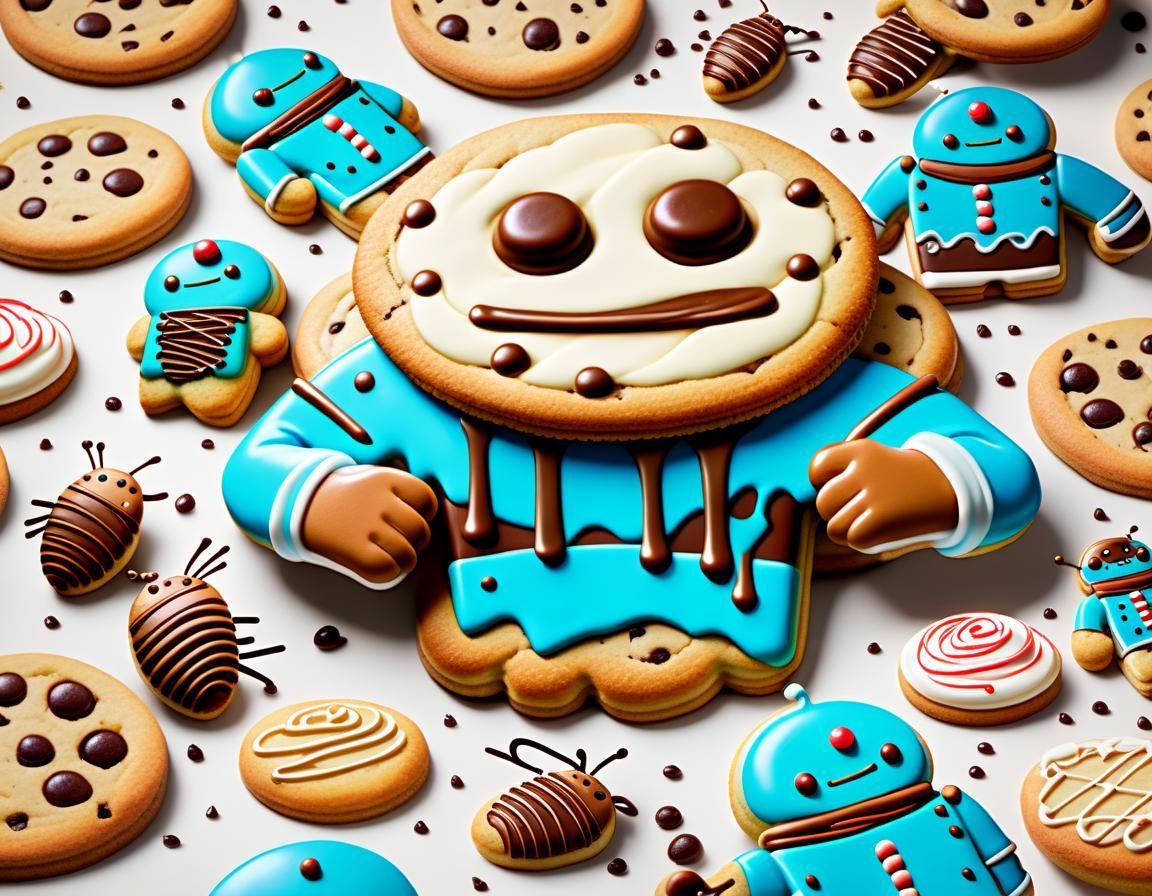 a humanoid cookie on steroids fighting a swarm of other dess...