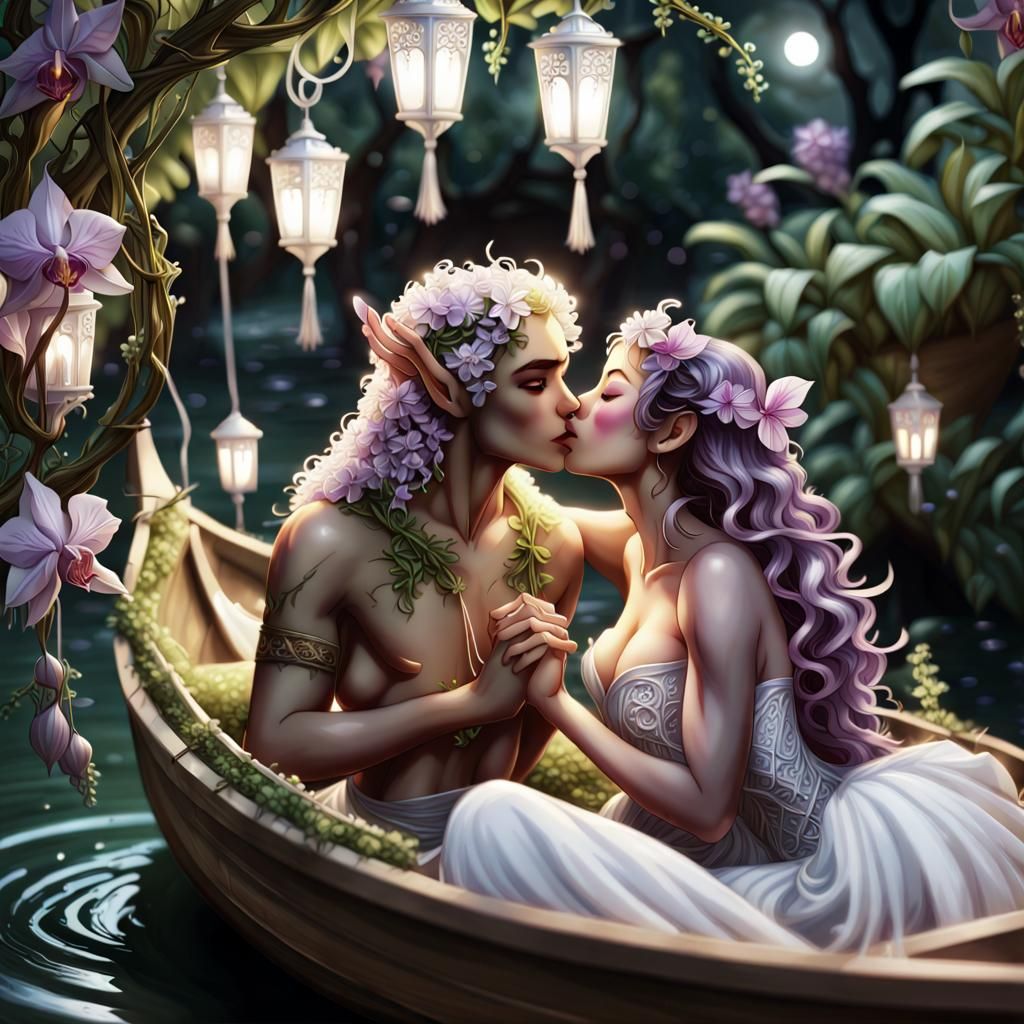 Elven Goddess Entwined with a Human Maiden in a Dreamy Estua...