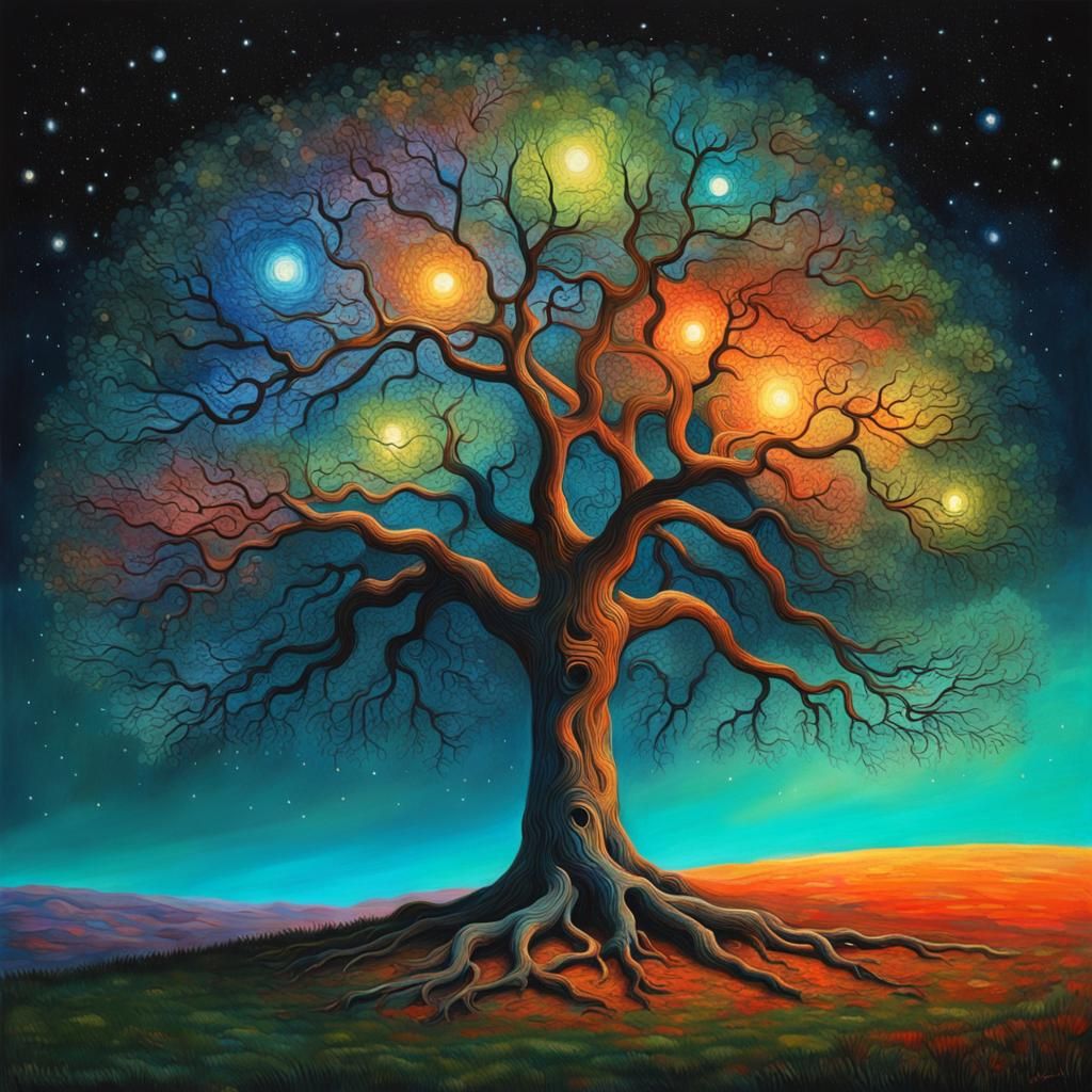 Hyperrealistic Night Tree Illuminated with Vibrant Colors an...
