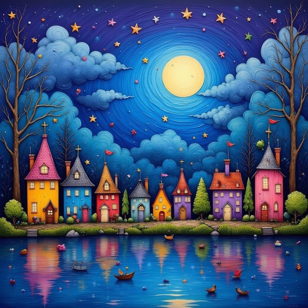 Whimsical Dreamscapes in Vibrant Nighttime Splendor