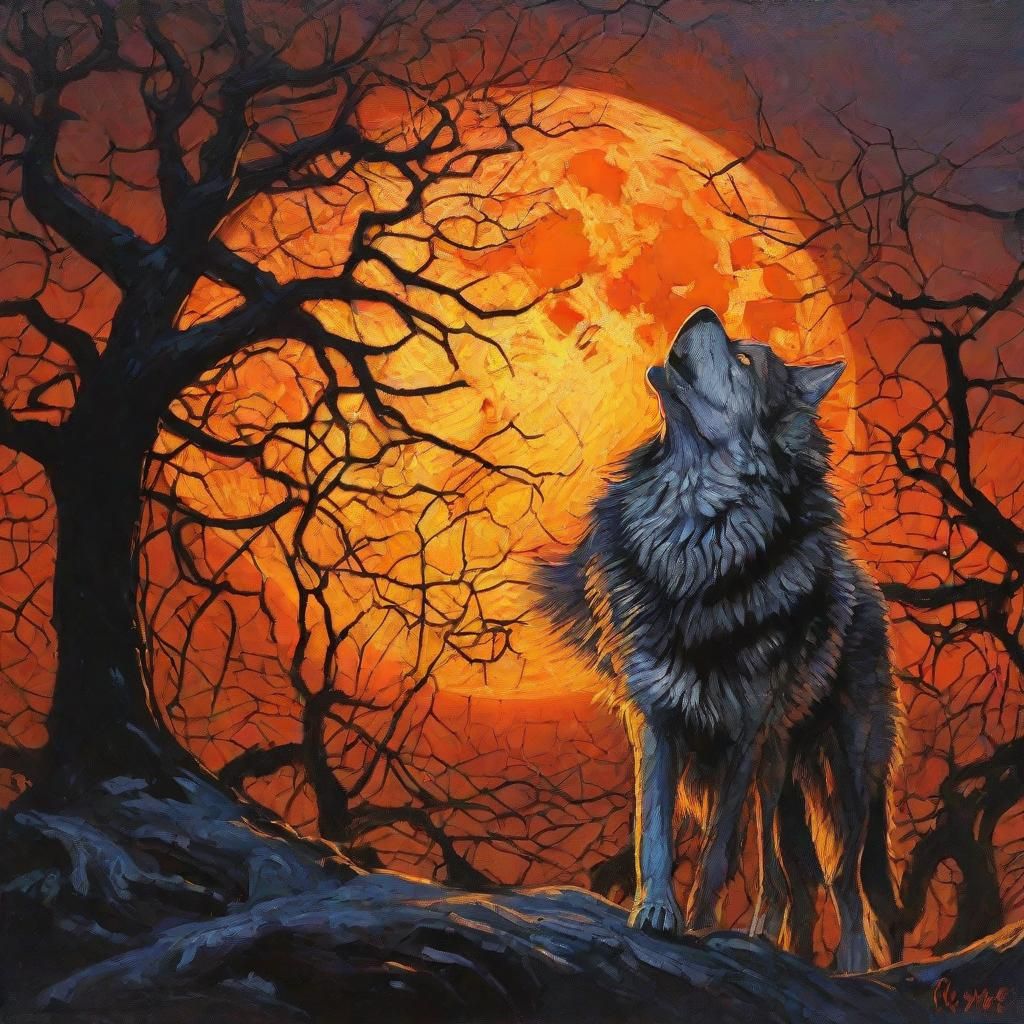 Gothic Wolf Under Eerie Orange Halloween Moon