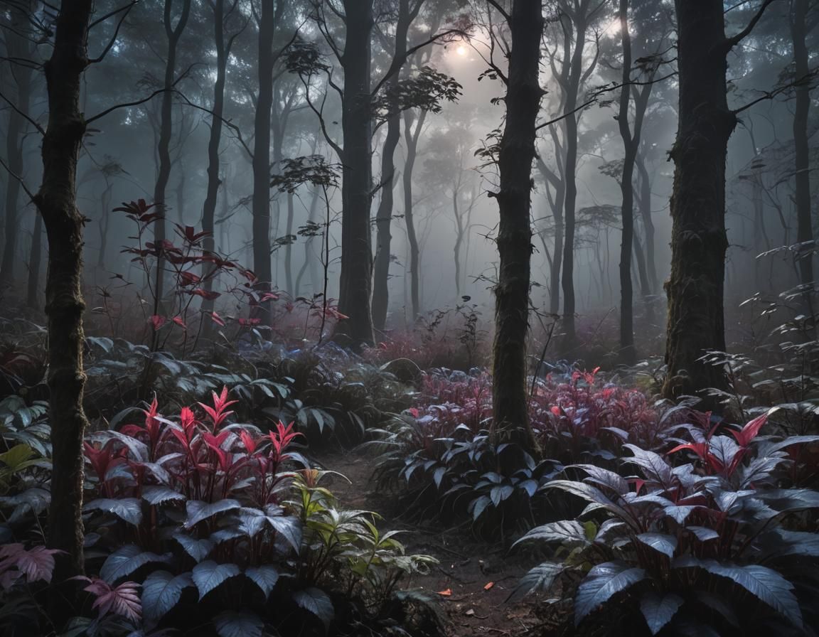 Vibrant Forestscape Unveiled Under Midnight Moonbeams