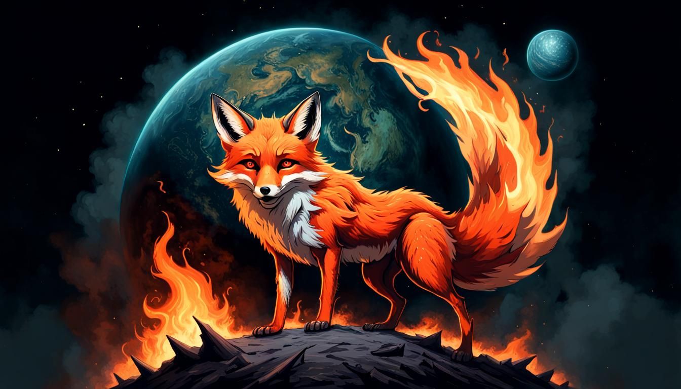 Cyberpunk Fire Fox Logo on Distant Planet