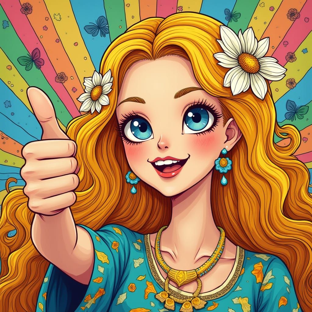 Vibrant Hippie Woman in Whimsical Woodstock-Inspired Art