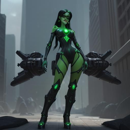Sci-Fi Shego Figure in Futuristic Cityscape