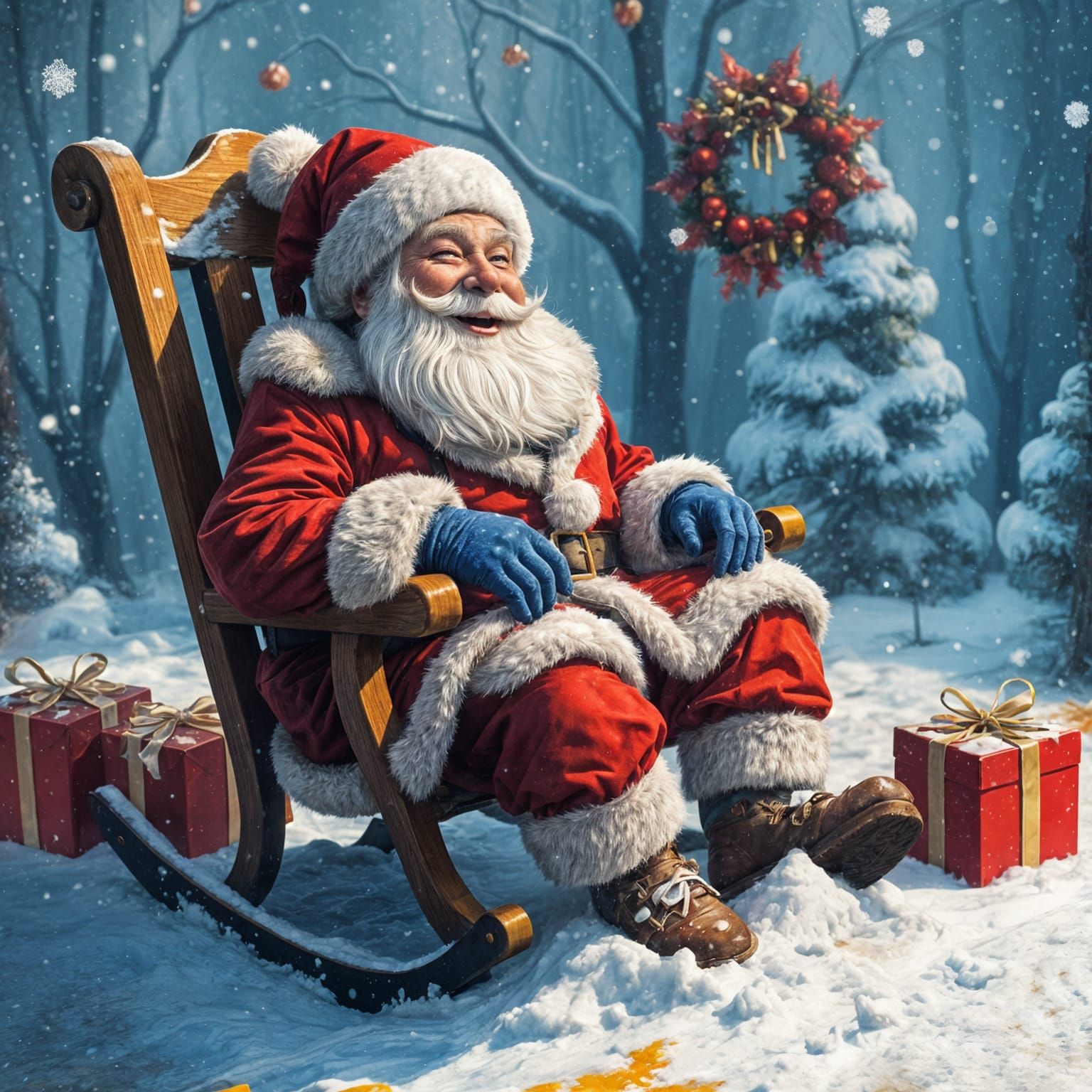 Laughing Santa on Snowy Sleigh in Street Art Style