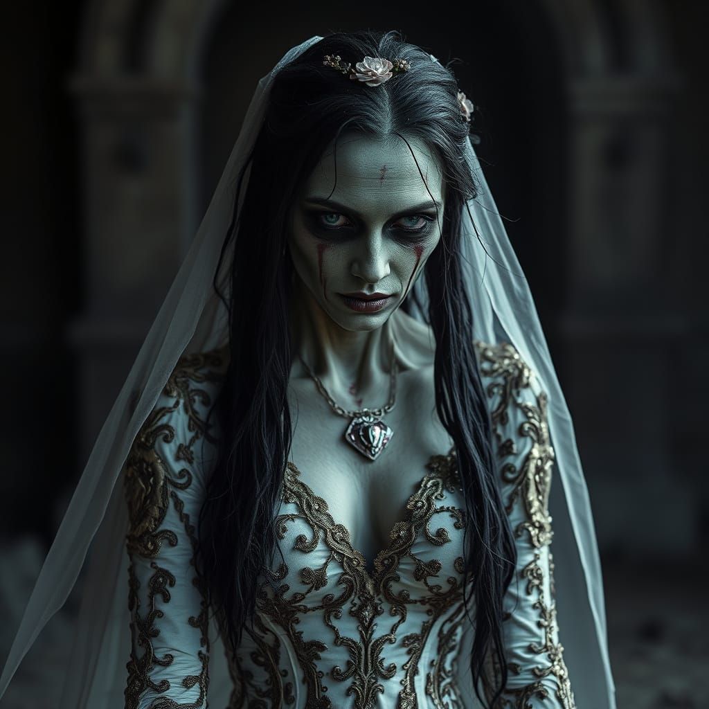 Decaying Bride in Cryptic Ominous Atmosphere