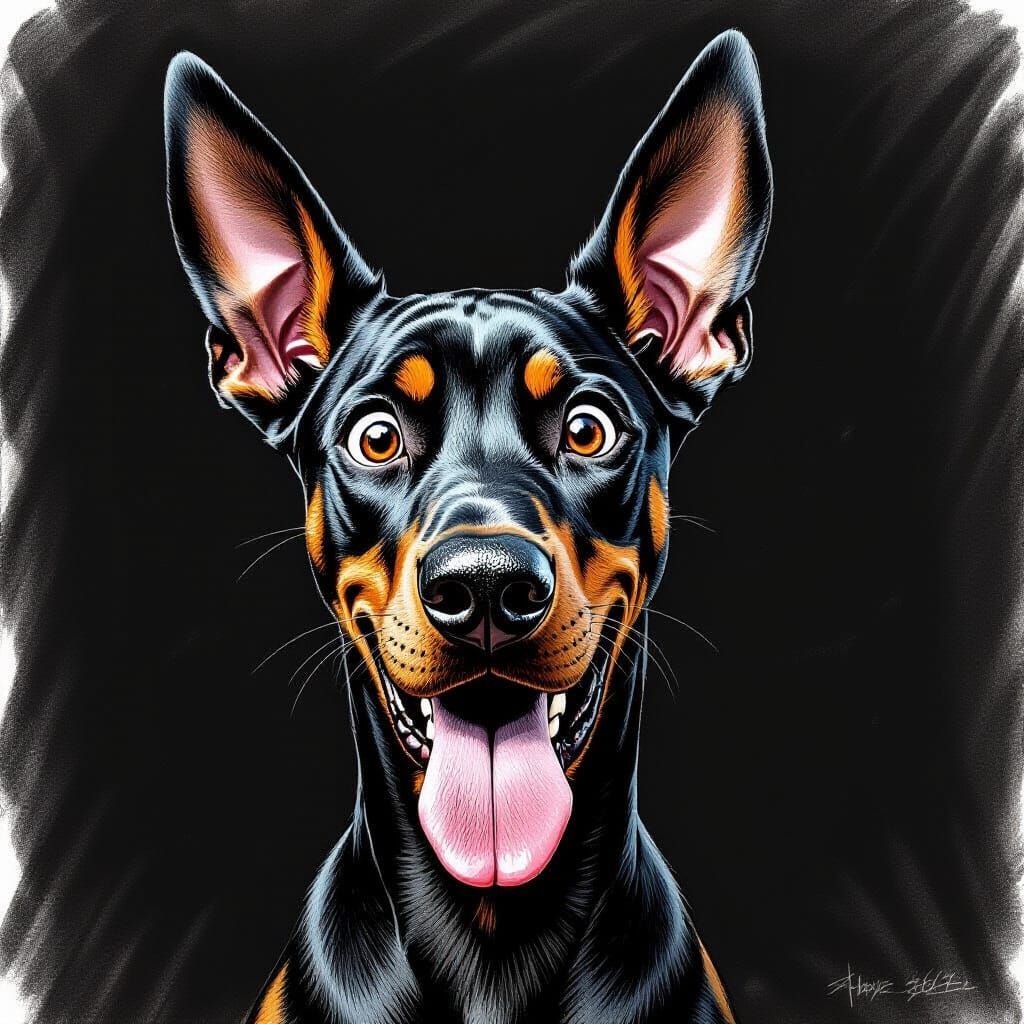 Cartoon Doberman Drawing with Whimsical Ears and Hangdog Exp...