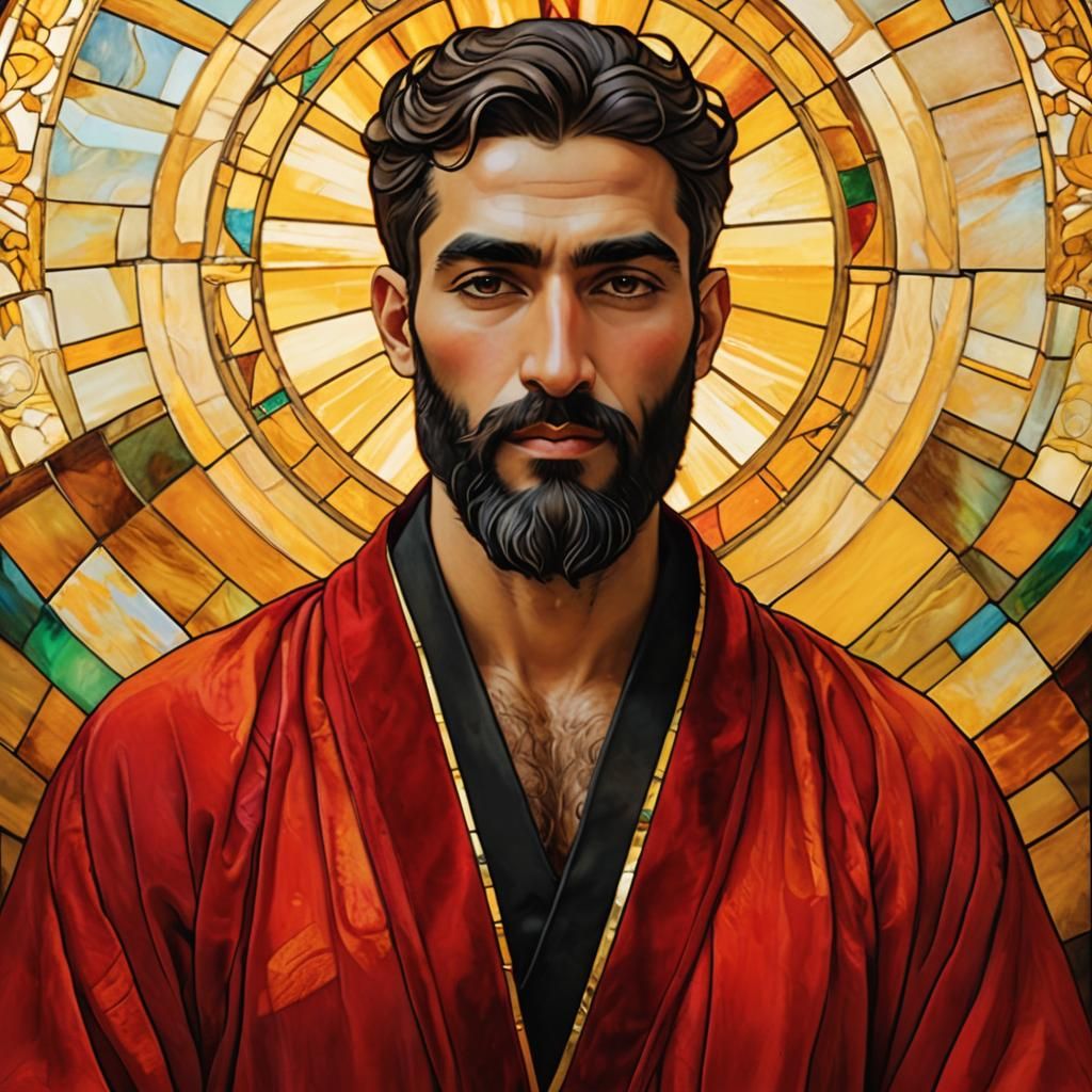 Art Nouveau Saint in Velvet Robe with Golden Halo