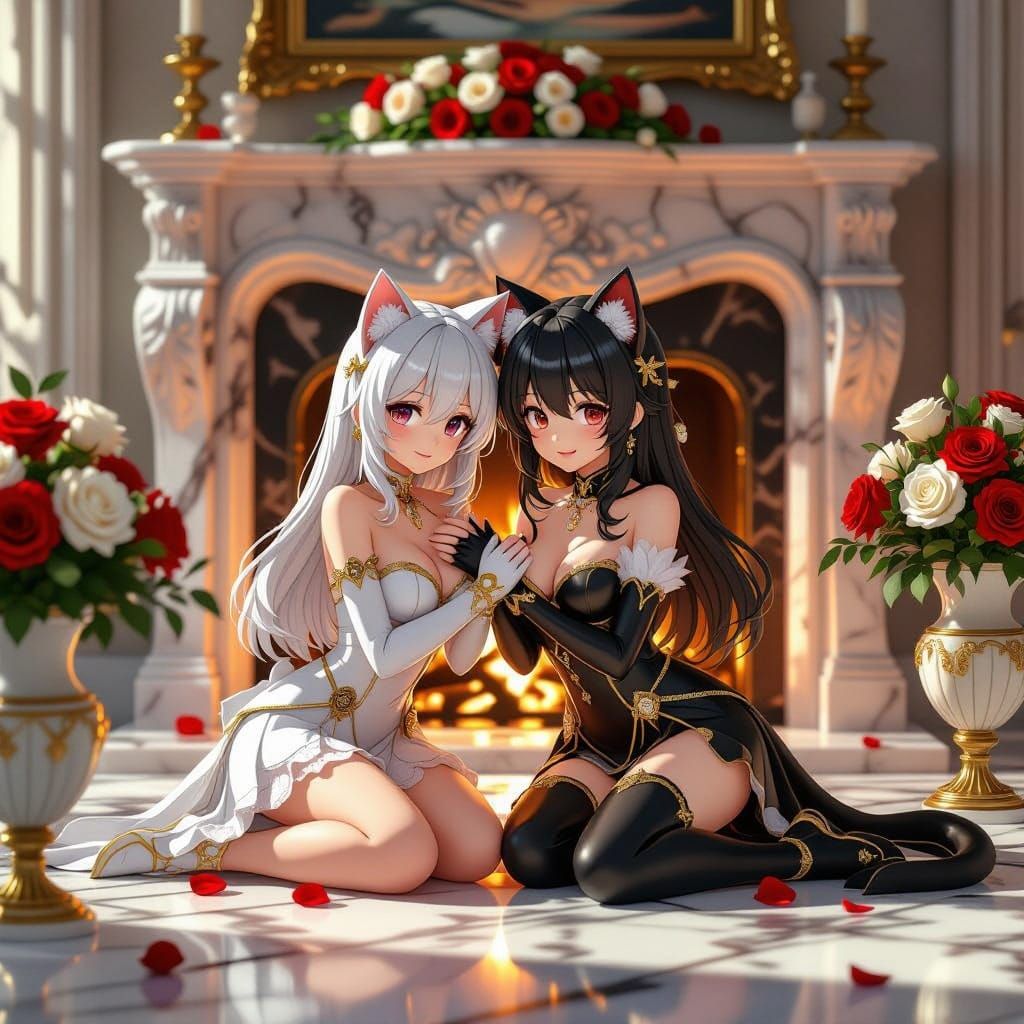 Luxurious Cat Girl Lovers' Embrace in 3D Anime Art