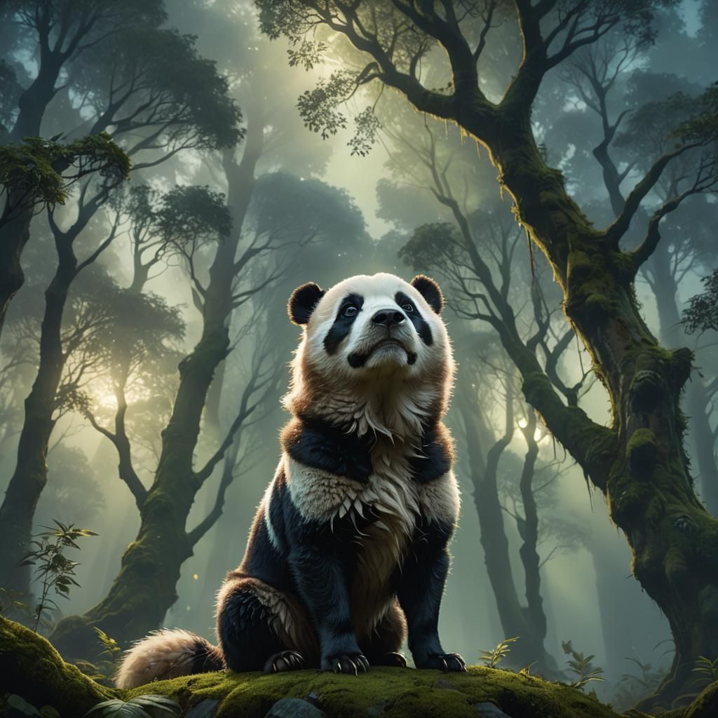 Ethereal Panda Dog Hybrid in Serene Forest Glade