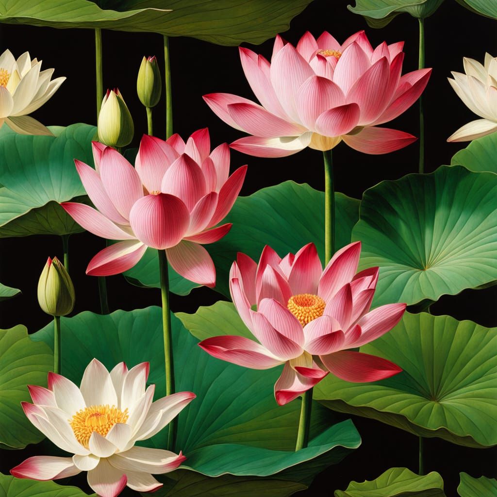 Vibrant Lotus in Jewel Tones, a Masterful Blend of Detail an...