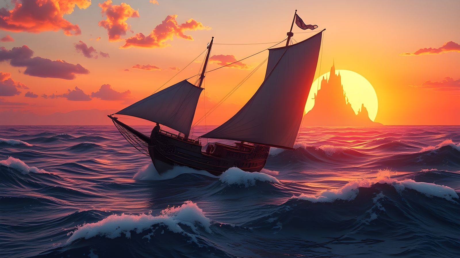 Ethereal Elvish Sailboat Sails Beyond the Horizon at Sunset