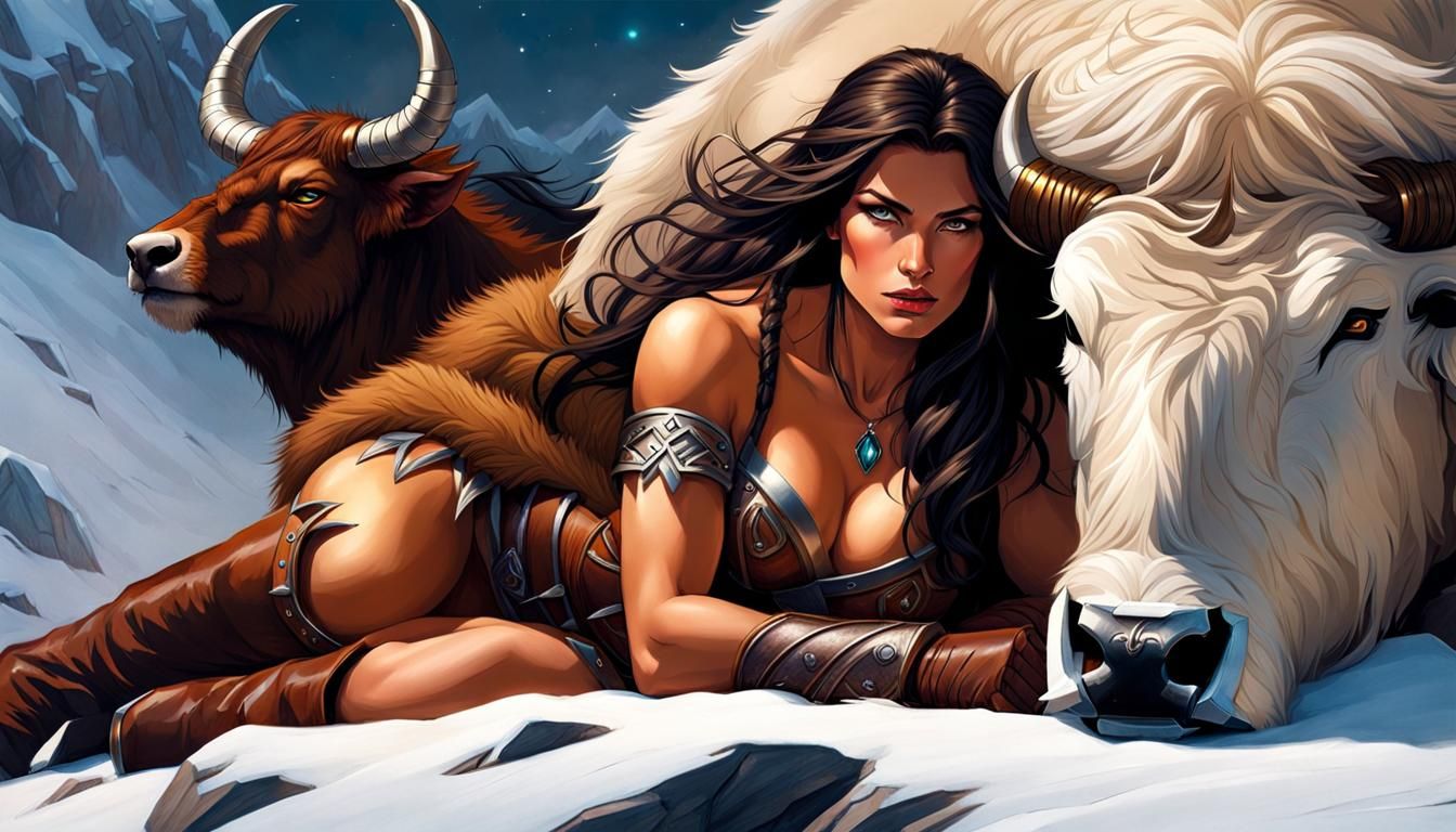 Stunning Barbarian Warrioress and War Yak in Snowy Steampunk...